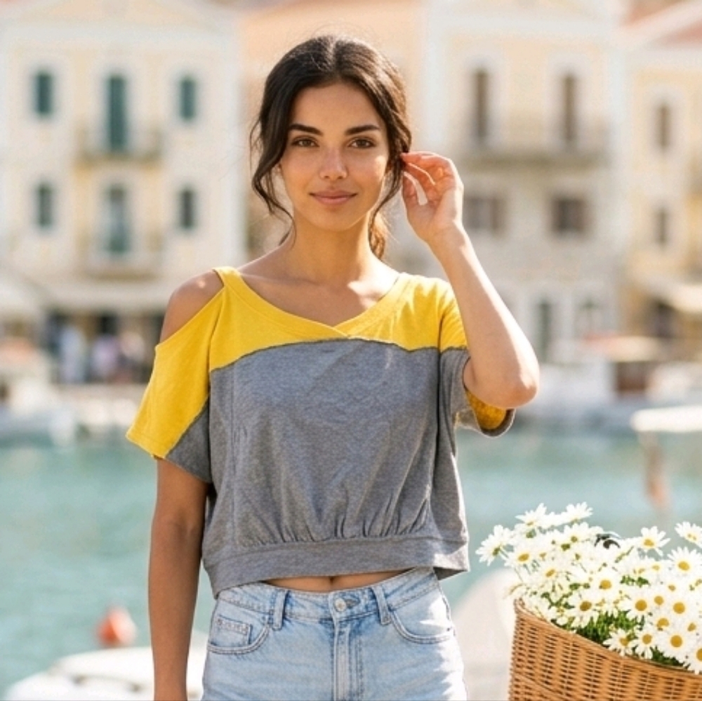 Free People Sporty It Girl Colorblock Cutout Crop Top Gray Yellow S Downtown